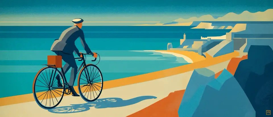 Ilustración: ciclista en ruta pampeana con fauna y vegetación característica del sur de Brasil. Estilo afiche 1920.
