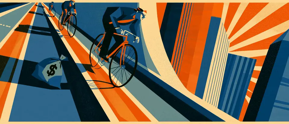 Afiche art déco: tres ciclistas de traje y gorra pedalean en fila por una calle de franjas de colores; sobre el pavimento, una bolsa de dinero con el signo $, y a la derecha, torres de una ciudad.