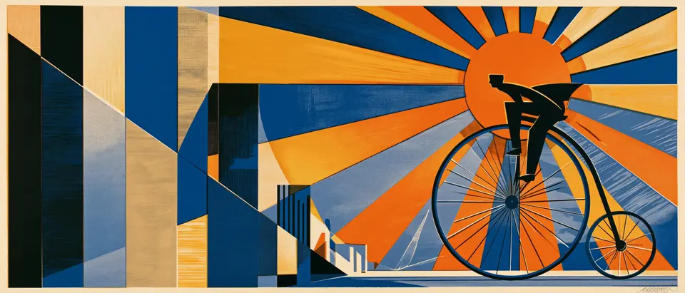 Ilustración art déco de un ciclista en biciclo de rueda alta, en silueta negra sobre un sol de rayos naranjas, crema y azules, con los bloques escalonados de una ciudad a la izquierda.