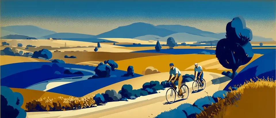 Ilustración: ciclista en camino rural del interior uruguayo entre colinas suaves. Estilo afiche 1920.