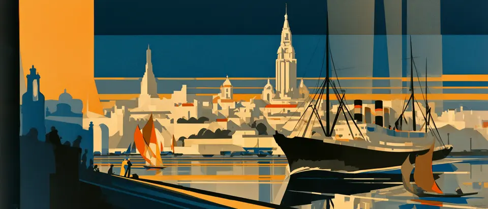 Ilustración art déco: un transatlántico de tres chimeneas y veleros en el puerto de Montevideo, con la Ciudad Vieja al fondo bajo un cielo de líneas geométricas.
