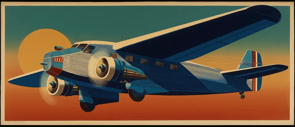 Ilustración: avión biplano sobre el Río de la Plata en composición art déco. Estilo afiche 1920.