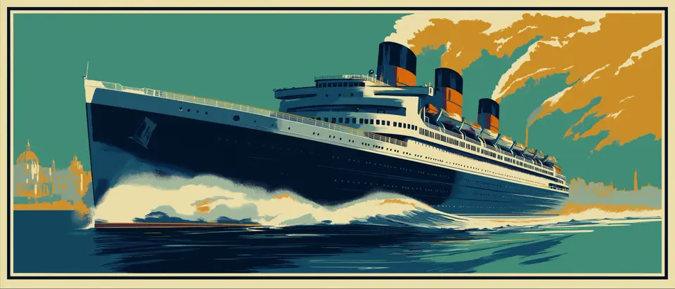 Ilustración: ferri de pasajeros cruzando el Río de la Plata bajo un amanecer dorado. Estilo afiche 1920.