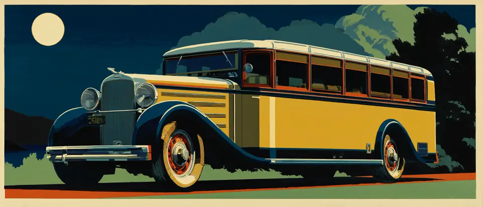 Ilustración: ómnibus de larga distancia en ruta pampeana bajo cielo abierto. Estilo afiche 1920.