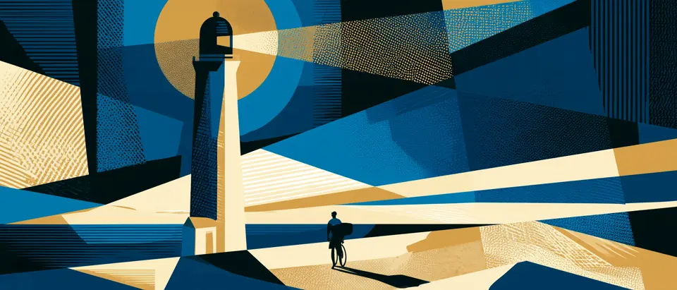 Ilustración art déco: un ciclista camina junto a su bici al pie de un faro, entre haces de luz dorados y azules.