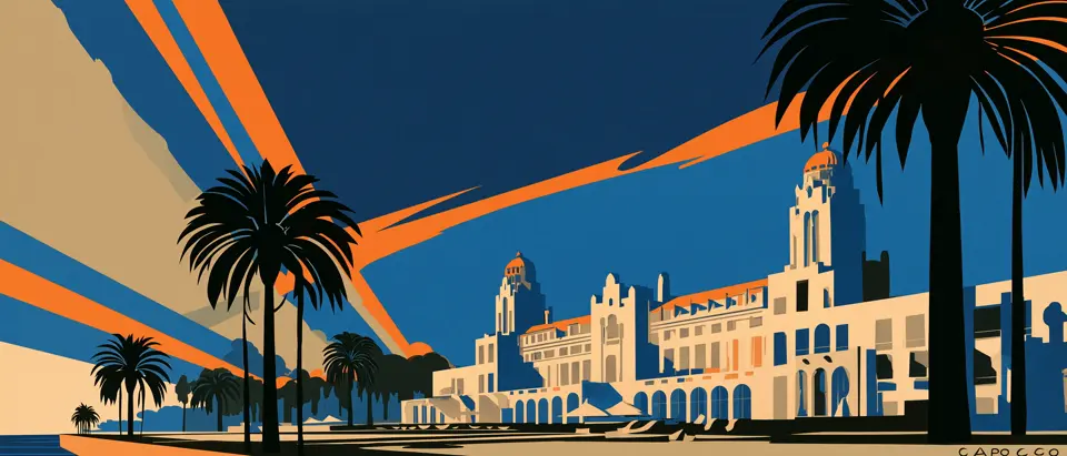 Ilustración art déco: el Hotel Carrasco con sus torres y cúpulas entre palmeras, bajo un cielo de rayos geométricos naranjas y azules.