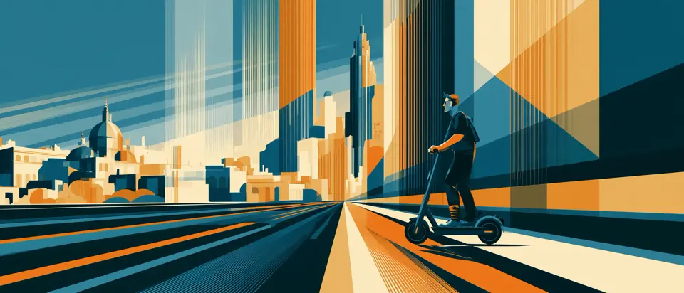 Afiche art déco: una persona en monopatín eléctrico avanza por una calle hacia una ciudad de torres y cúpulas.