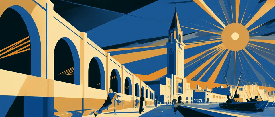 Ilustración art déco: la arcada del Mercado del Puerto con su torre reloj, un ciclista y peatones bajo un sol de líneas geométricas junto al puerto.