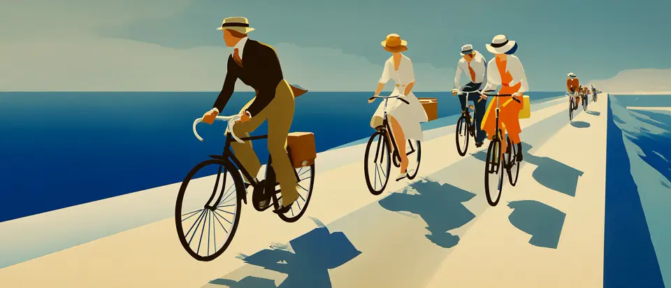 Ilustración: ciclista en rambla montevideana con silueta urbana al fondo. Estilo afiche 1920.