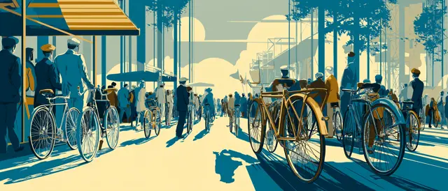 Ilustración: calle arbolada con ciclistas y bicicletas estacionadas, estilo afiche 1920.