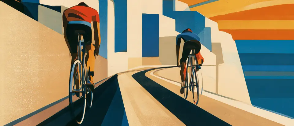 Ilustración: dos ciclistas de espaldas por una calle costera, entre casas blancas y el mar, bajo un cielo de rayos naranjas y azules. Estilo afiche 1920.