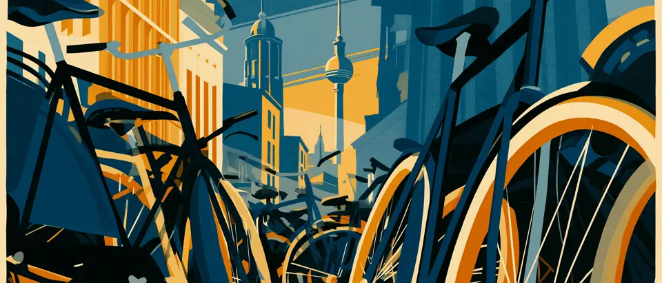 Ilustración art déco: bicicletas estacionadas en primer plano y, al fondo, la Torre de Televisión de Berlín entre edificios en azul y ocre.