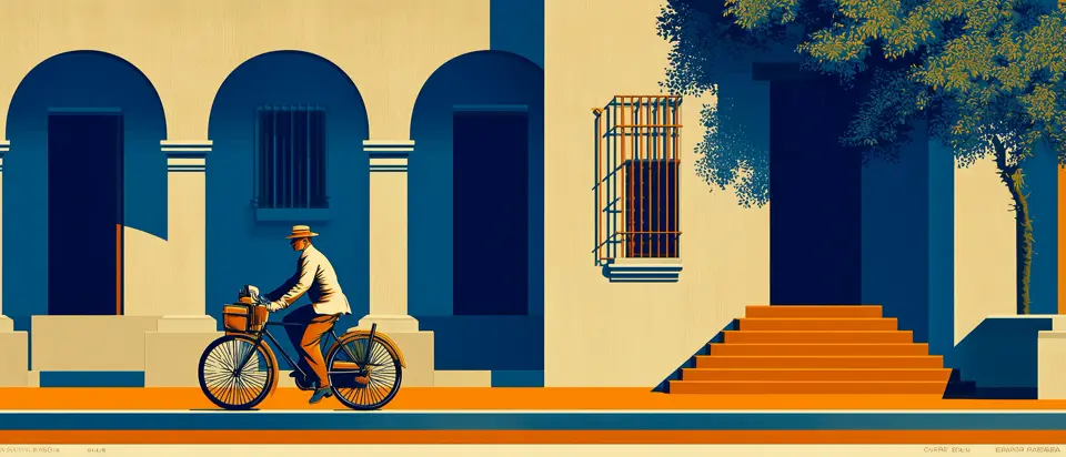 Ilustración: ciclista entrando a ciudad pampeana por ruta con arboleda. Estilo afiche 1920.