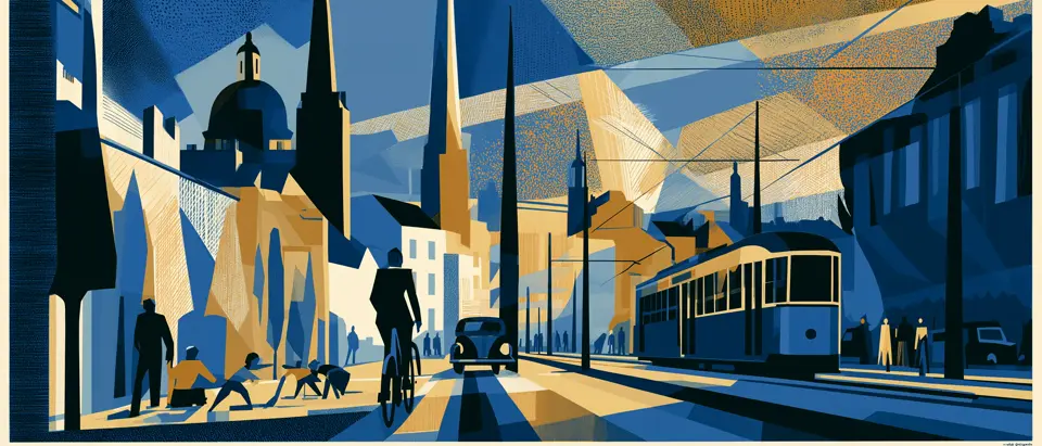 Ilustración art déco: un ciclista, un auto y un tranvía comparten una calle de Montevideo bajo un cielo de líneas geométricas azules y doradas.