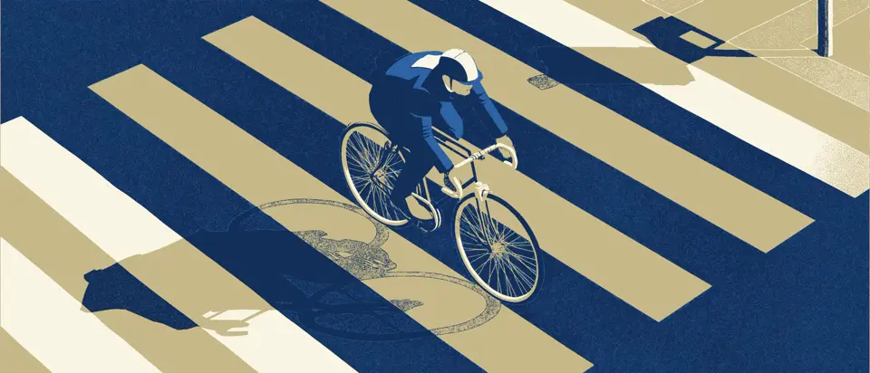 Ilustración: ciclista en silueta cruzando un paso peatonal visto en perspectiva aérea. Estilo afiche 1920.