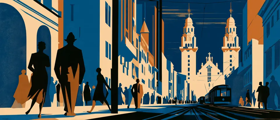Ilustración art déco de la calle Sarandí: siluetas de peatones entre las fachadas de Ciudad Vieja, un tranvía sobre los rieles y las torres gemelas de una iglesia al fondo.
