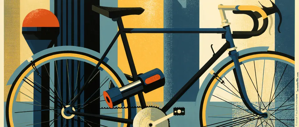 Ilustración art déco: candado U asegurando una bicicleta a un soporte de acero bajo luz dorada.