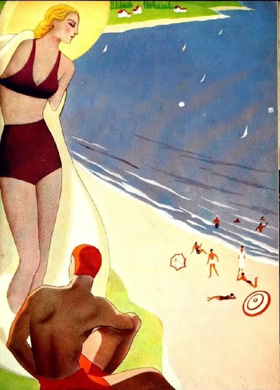 Ilustración vintage de una escena de playa uruguaya