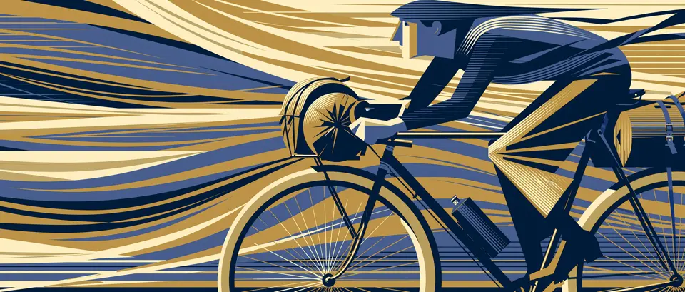 Ilustración: ciclista pedaleando inclinado contra el viento, con ráfagas doradas y azules en movimiento. Estilo afiche 1920.