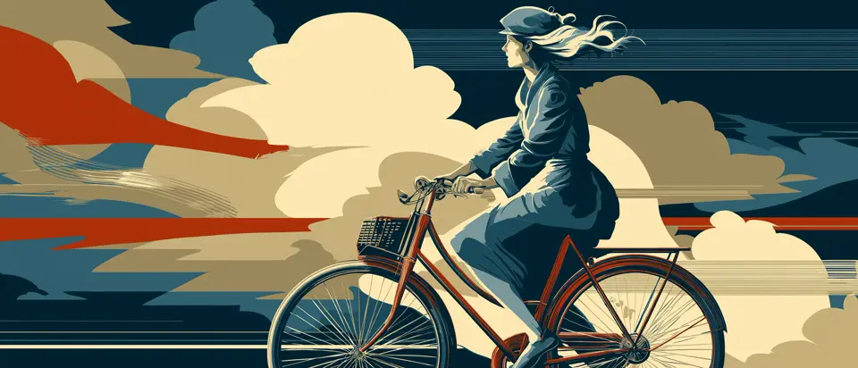 Ilustración: ciclista con cabellos al viento bajo nubes en movimiento veloz. Estilo afiche 1920.