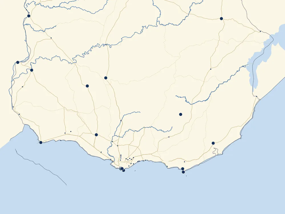 Mapa de Uruguay con los lugares mencionados en Pedaleando Uruguay, agrupados por departamento