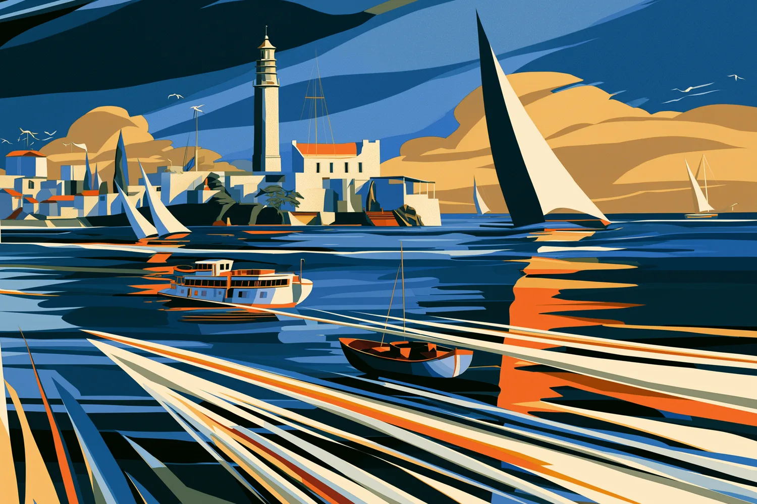 Ilustración art déco del faro de Colonia del Sacramento y veleros sobre el Río de la Plata.