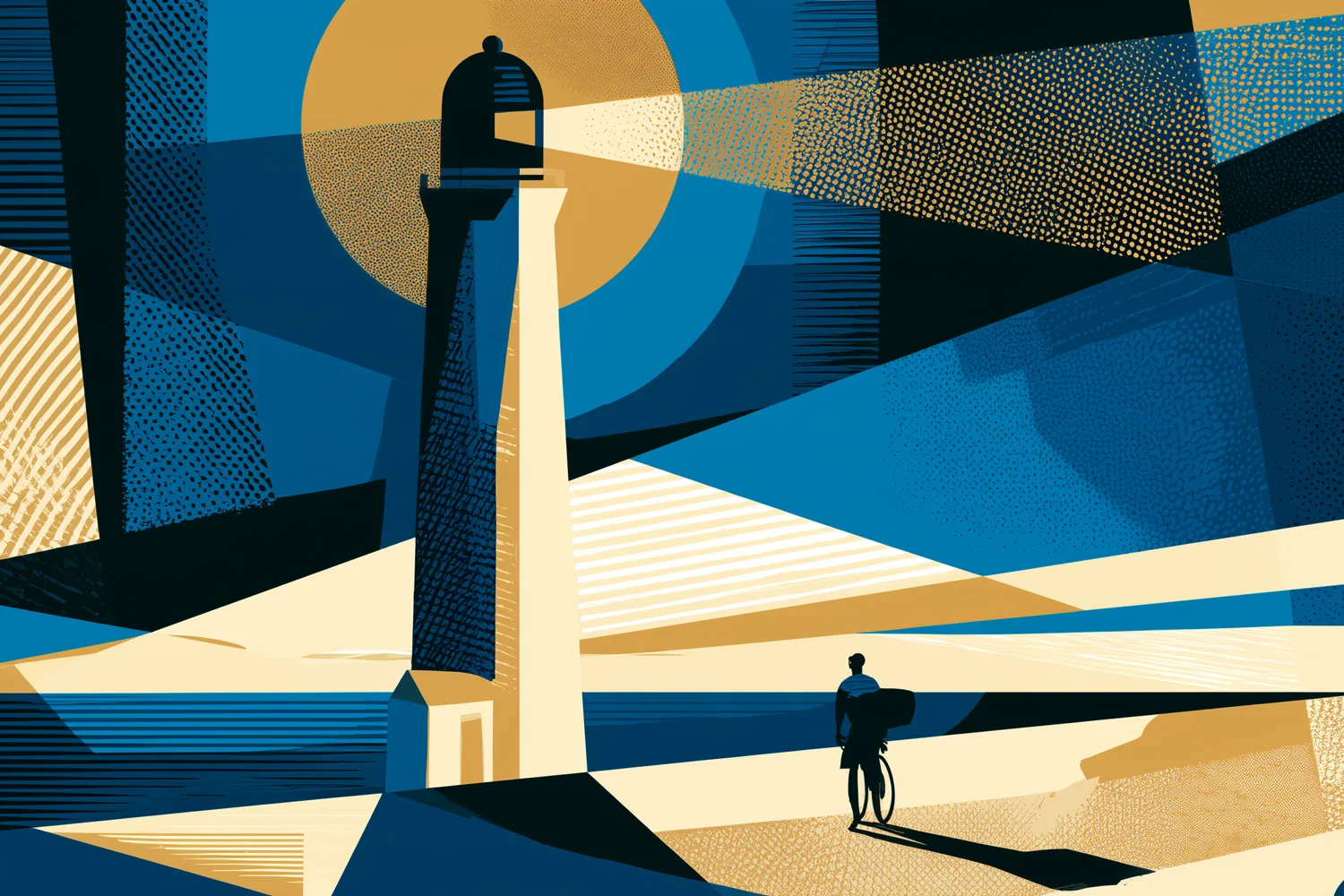 Ilustración art déco: un ciclista camina junto a su bici al pie de un faro, entre haces de luz dorados y azules.