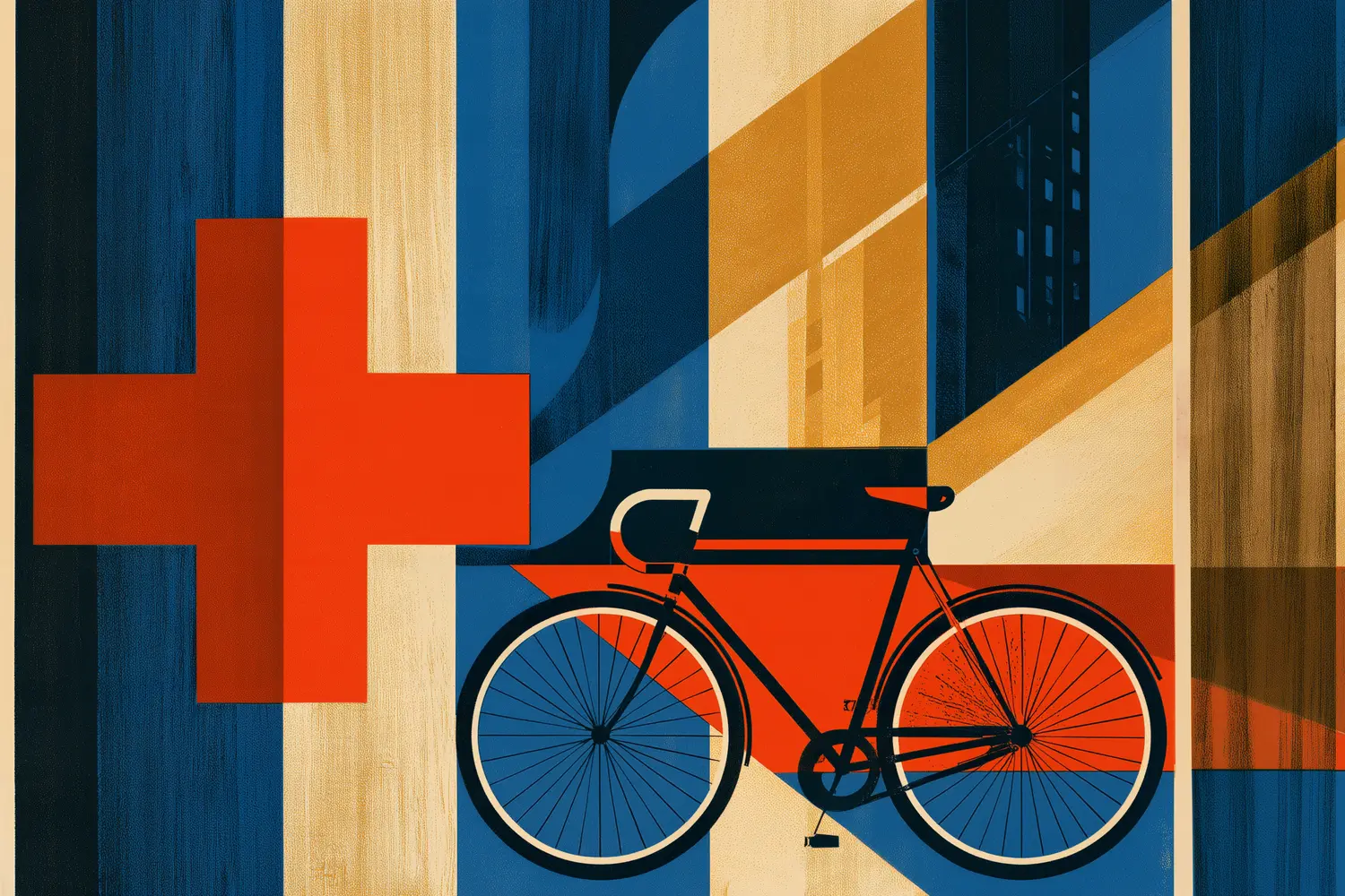 Afiche art déco: una bicicleta de cuadro negro en el centro, con una gran cruz griega roja a la izquierda, un edificio alto arriba y franjas verticales azules, crema y ocres.