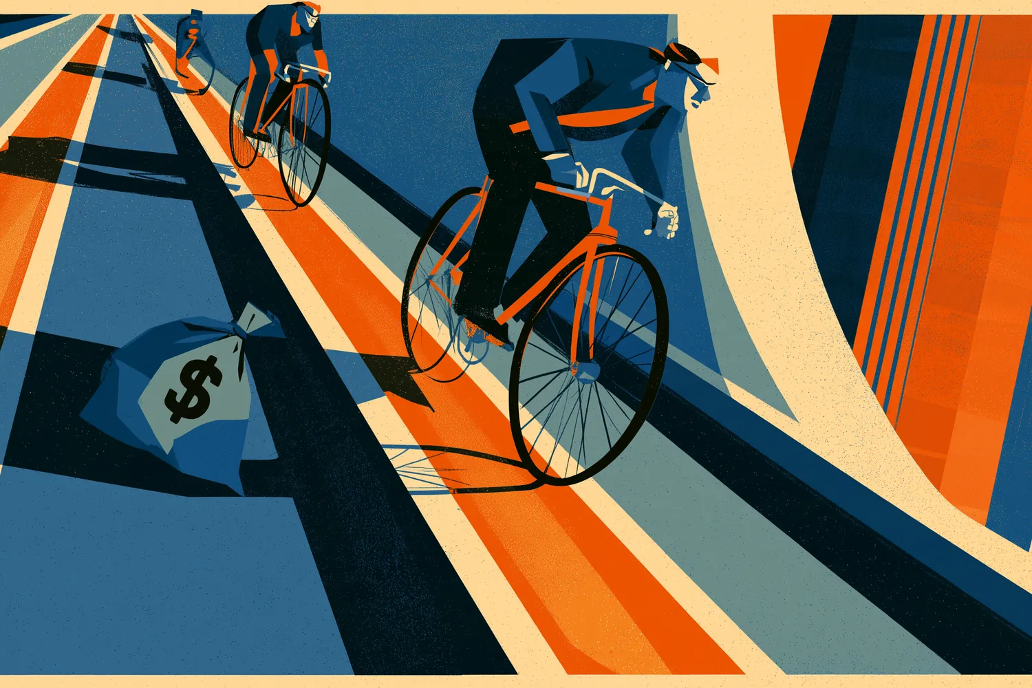 Afiche art déco: tres ciclistas de traje y gorra pedalean en fila por una calle de franjas de colores; sobre el pavimento, una bolsa de dinero con el signo $, y a la derecha, torres de una ciudad.