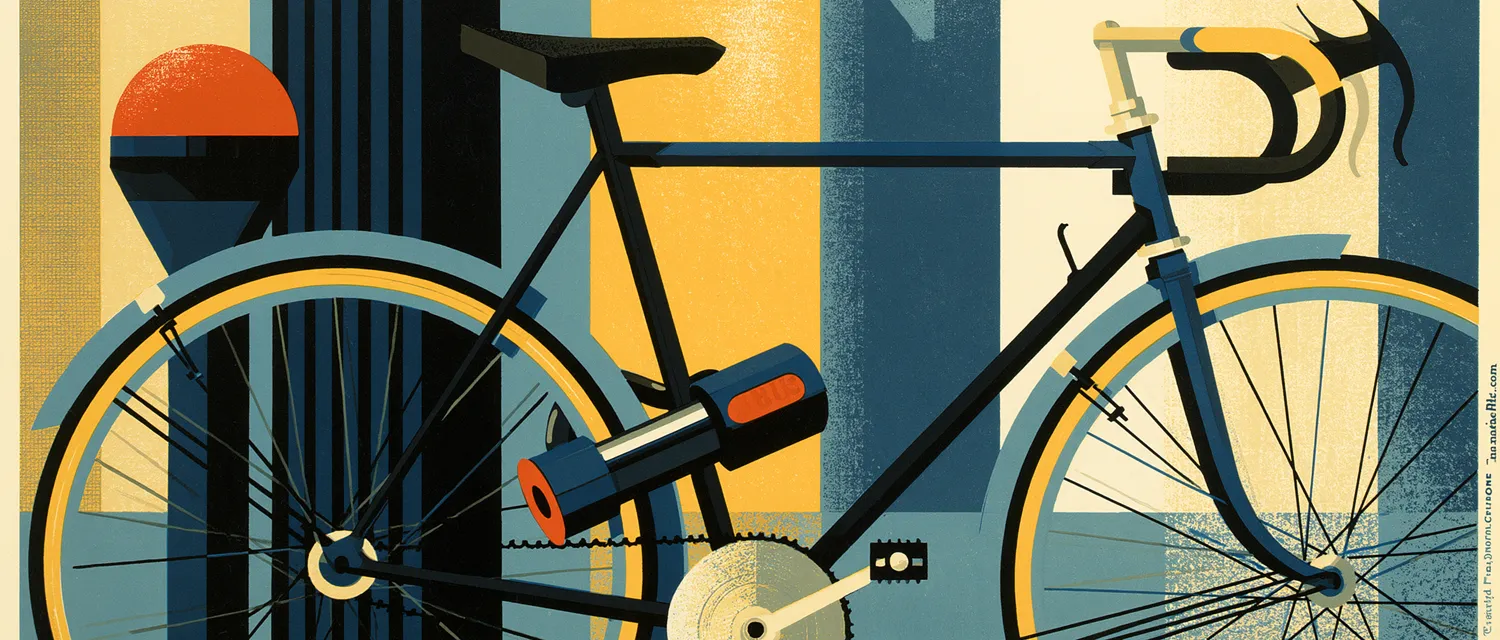 Ilustración art déco: candado U asegurando una bicicleta a un soporte de acero bajo luz dorada.