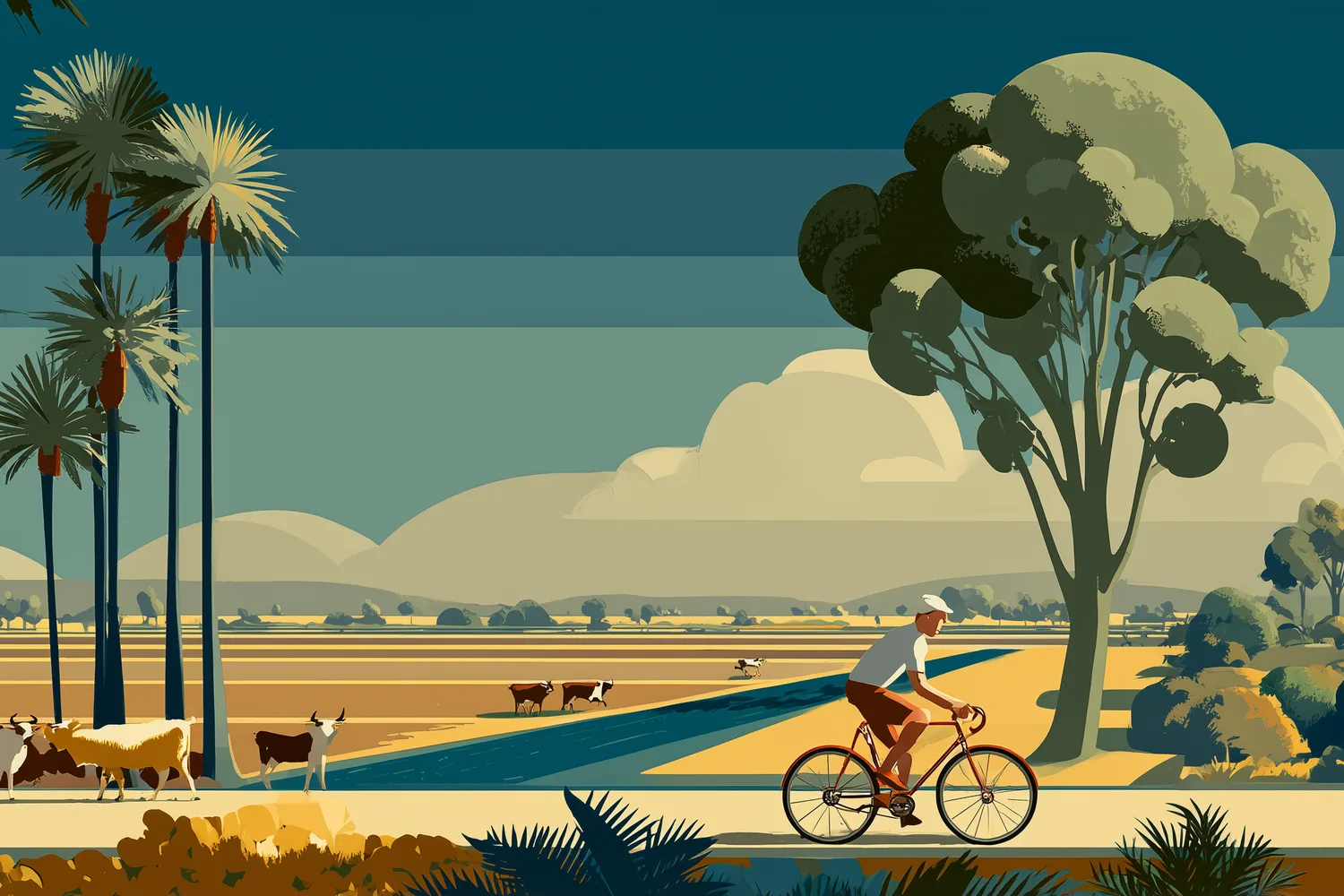Ilustración: ciclista en camino rural entre palmeras y árboles frondosos bajo cielo claro.