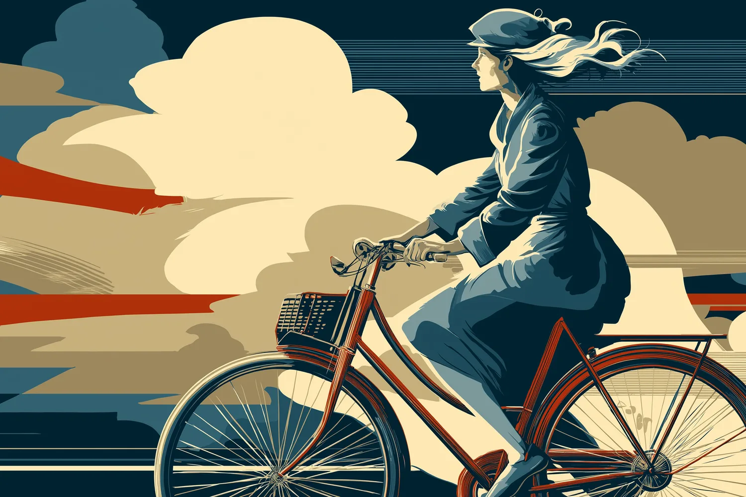 Ilustración: ciclista con cabellos al viento bajo nubes en movimiento veloz.