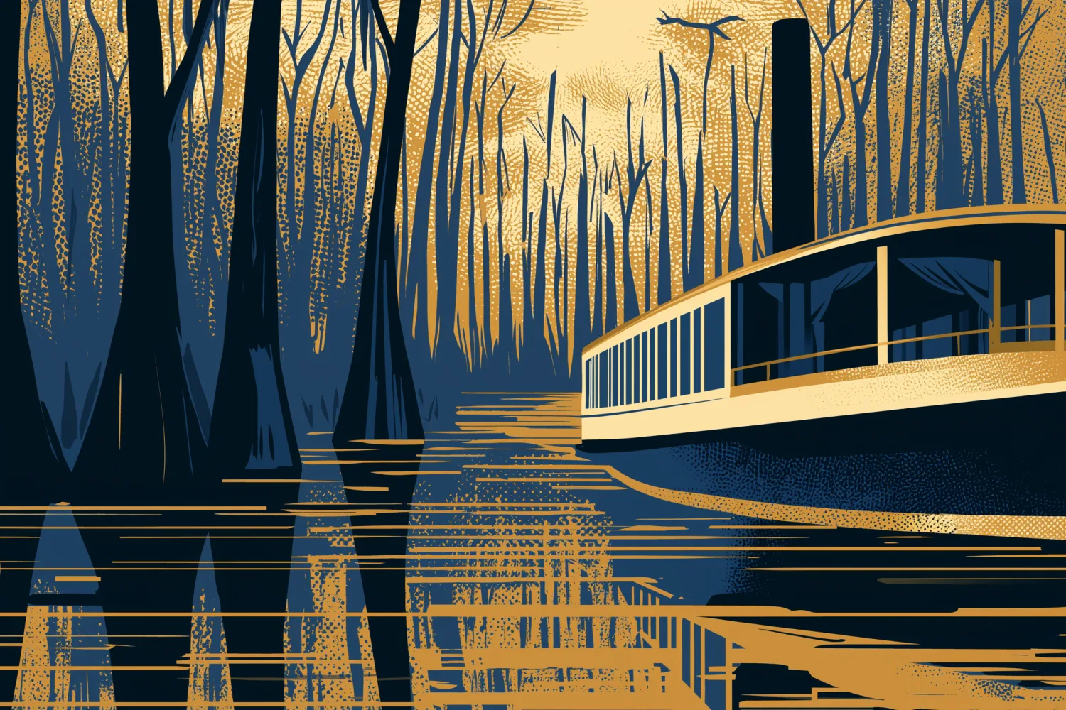Ilustración art déco de un ferry cruzando el delta hacia Carmelo, con una bicicleta a bordo.